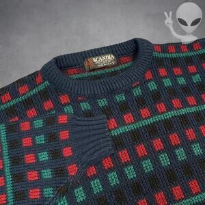 Scandia Knit Sweater Large Navy Blue Red Green Abstract Pattern Pullover 90s USA